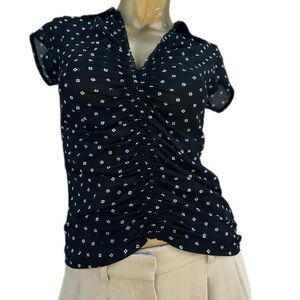 Y2K Nine West V-Neck Ruched Front Dot Print Cap Sleeve Sheer Top M Black White